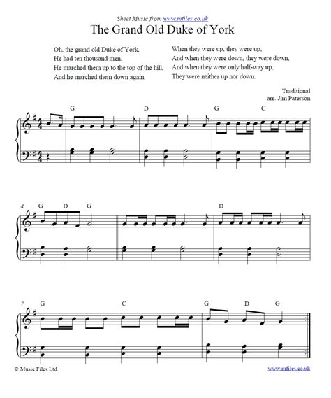 The Grand Old Duke of York: a traditional Children's Song - download PDF Sheet Music, midi & mp3 ...