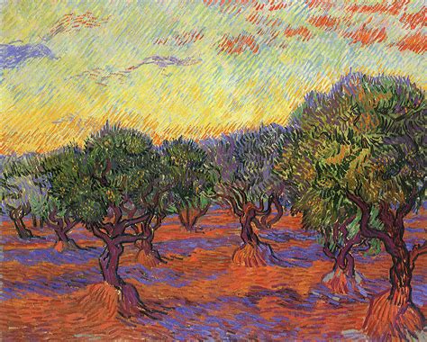 Olive Trees Orange Sky Painting by Vincent van Gogh - Pixels