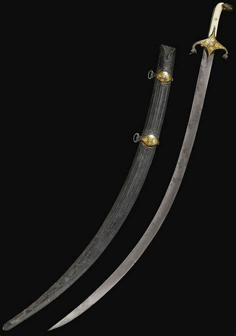 Persian shamshir (sabre), 17th century, slender curved and tapering finely watered-steel blade ...