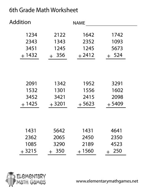 Sixth Grade Addition Worksheet