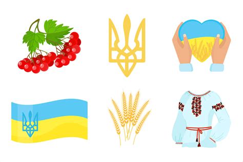 Set Ukrainian symbols. Tryzub, vyshyvanka, viburnum, arms with heart ...