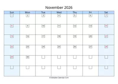 Editable Calendar November 2026 in Excel, Word, PDF