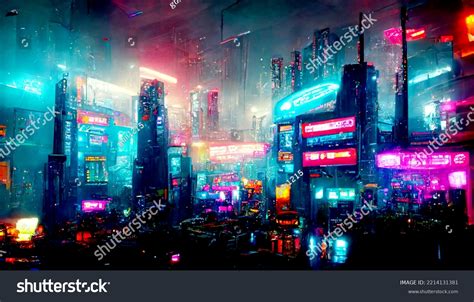 Futuristic Cyberpunk City Full Neon Lights Stock Illustration ...