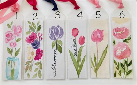 Watercolor floral bookmarks in sleeve Hanging from vintage style seam binding, Hand Painted ...