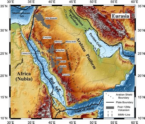 Topographic map of the Arabian plate and its adjacent regions ...