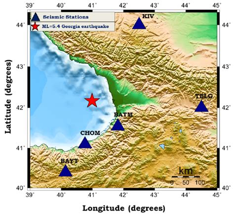 Map of the coast of Georgia earthquake and recorded seismic stations ...