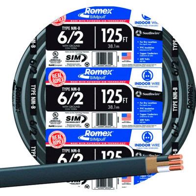 Southwire 28894402 Romex SIMpull ® Cable with Ground, Black, 6/2 Awg ...