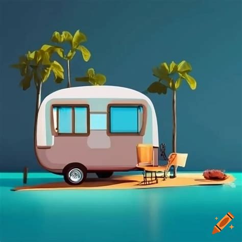 Luxurious caravan parked on a tropical island on Craiyon