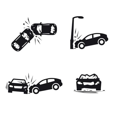 Crashed Cars vector Car eccident icons set. Black on a white background ...