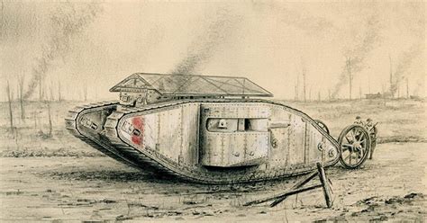 British Mark I Tank by Stephen Brown - Original WWI Military Drawing.