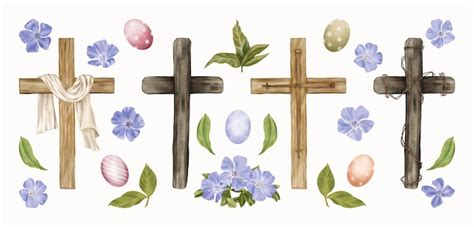 Premium Vector | Religious easter clipart crosses, eggs, spring flowers