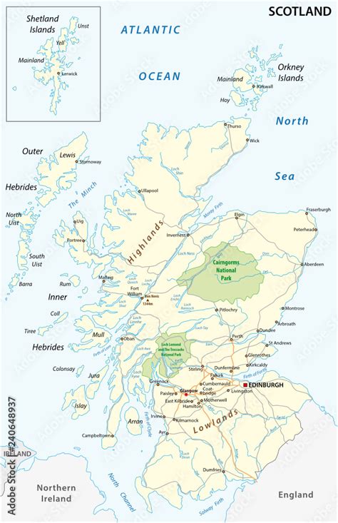 High detailed Scotland road and nationalpark map with labeling Stock Vector | Adobe Stock