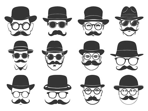 Premium Vector | Unknown man with hat glasses and mustache silhouette set Gentleman icon Hat ...