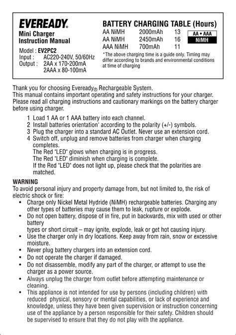 Eveready Battery Charger Ev2Pc2 Users Manual