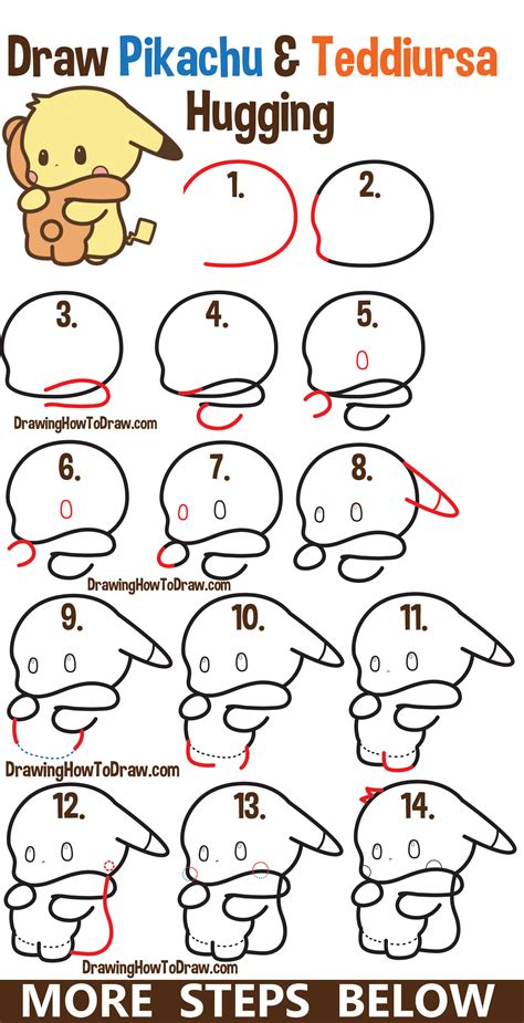 How to Draw a Cute Chibi Pikachu and Teddiursa (Pokemon) Hugging Easy Step by Step Tutorial ...