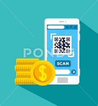 Scan qr code with smartphone and pile coins Illustration #125926512