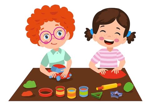 Premium Vector | Little kids and friend play with toy clay plasticine