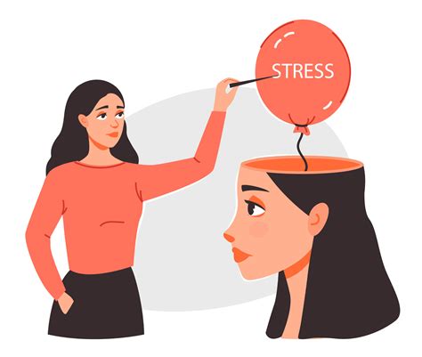 Stress Awareness. A young woman bursts a stress bubble in her head ...