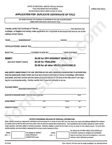 Form Mv7 - Application For Duplicate Certificate Of Title - Montana ...