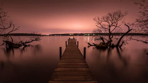 #pier #silent #calm #lake #reflection #water pink sky #sunset #evening #dusk #tree #5K # ...