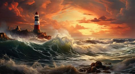 Premium Photo | Ocean lighthouse with sunset landscape