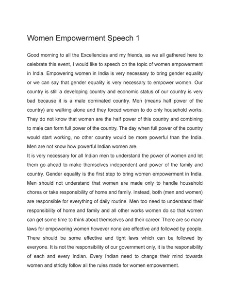 330069165 Women Empowerment Speech 1 - Women Empowerment Speech 1 Good morning to all the - Studocu