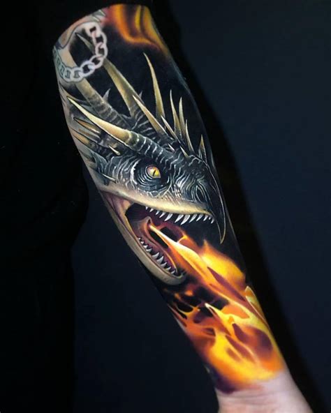 Realistic Harry Potter's dragon tattoo located on the