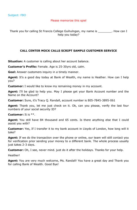 CALL Center MOCK Calls Script Sample Customer Service - Subject: FBO Please memorize this spiel ...