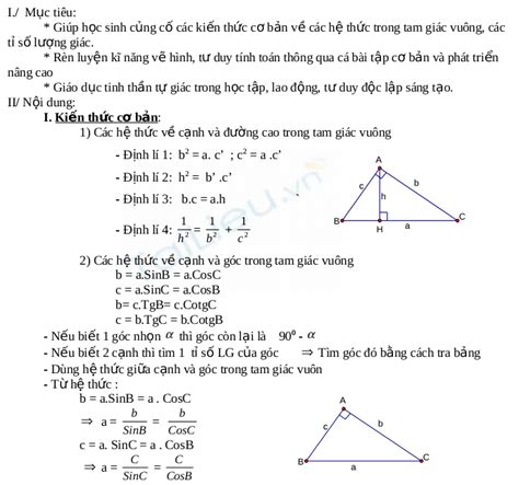 Công thức - bài tập chương hệ thức lượng trong tam giác vuông