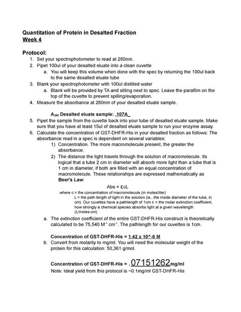 Enzyme assay protocol - Quantitation of Protein in Desalted Fraction Week 4 Protocol: Set your ...