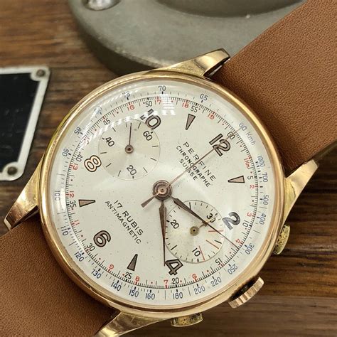 Rare Vintage Perfine Chronograph 18K Rose Gold Swiss Made Watch 38mm - Awadwatches