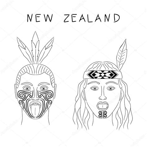 New Zealand Maori tribe a man and a woman. Traditional tattoos ta moko and hats, feathers ...