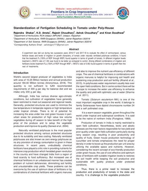 (PDF) Standardization of Fertigation Scheduling in Tomato under Poly-House