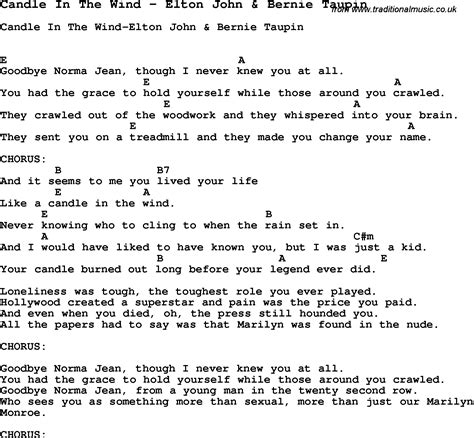 Song Candle In The Wind by Elton John & Bernie Taupin, song lyric for ...