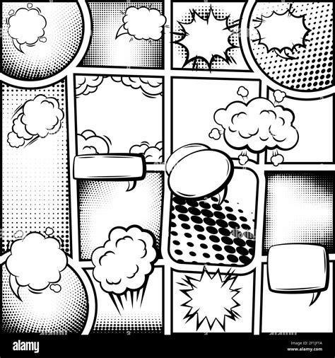 Comic book page template with blank speech bubbles sound and halftone effects in monochrome ...