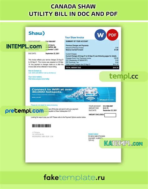 Canada Shaw utility bill, PDF and Word download template