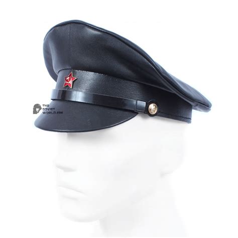 Soviet red army Officer's black leather field visor cap summer rare military hat