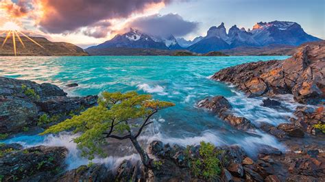 Wallpaper Cuernos del Paine, Patagonia, Chile, Lake Pehoe, mountains, tree, sunrise 1920x1200 HD ...