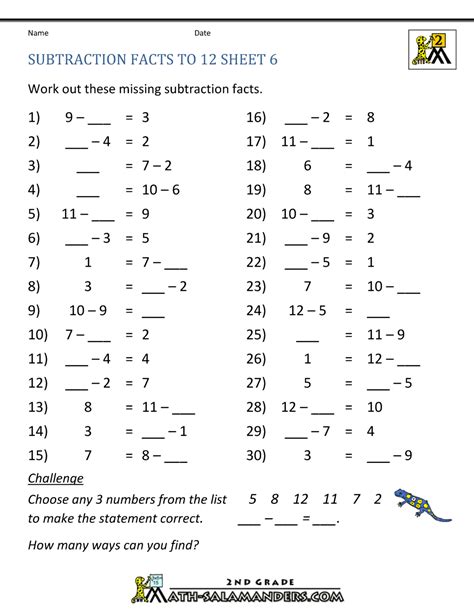 Free Subtraction Worksheets to 12