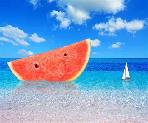 1080P Free download | Giant slice of watermelon, blue, sea, ship, situation, slice, watermelon ...