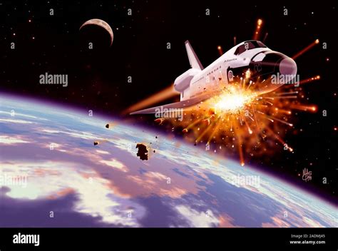 Space junk collision. Computer illustration of an explosion on space ...