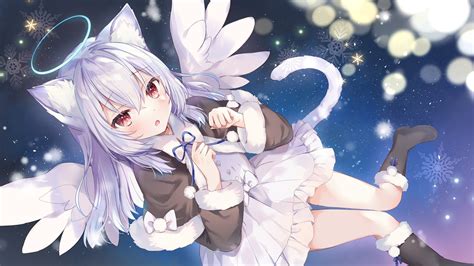 Anime Anime Girls Rucaco Artwork Cat Girl Angel Girl Silver Hair Red ...