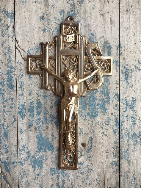 Vintage brass wall crucifix IHS (Iesus Humilis Societas) religious decor Jesuit crucifix ...