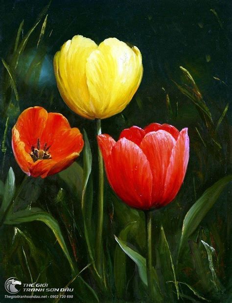 Tranh Vẽ Vườn Hoa Tulip Đỏ Và Vàng