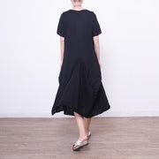 vintage black long linen dress plus size short sleeve linen clothing dresses New asymmetric hem ...