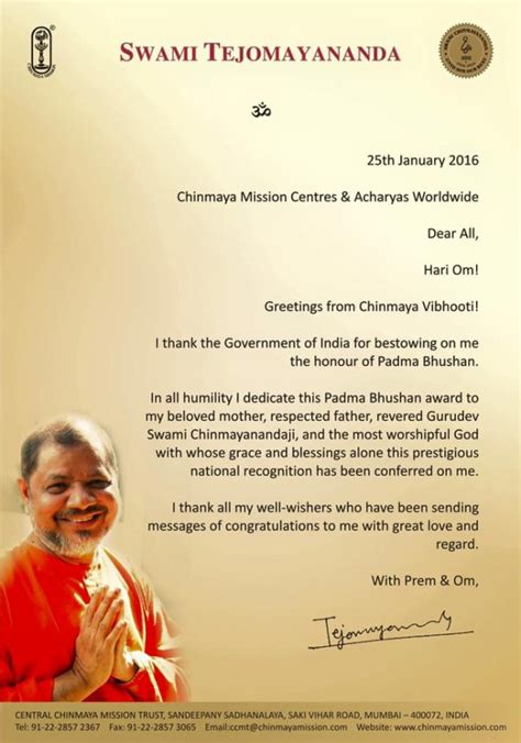 Padma Bhushan Award – Pujya Guruji Swami Tejomayananda | Chinmaya Jyoti