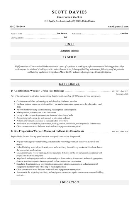 Construction Worker Resume Sample | Resume examples, Resume guide ...