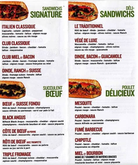 Menu at Quiznos restaurant, Gatineau, 425 Boulevard Saint-Joseph