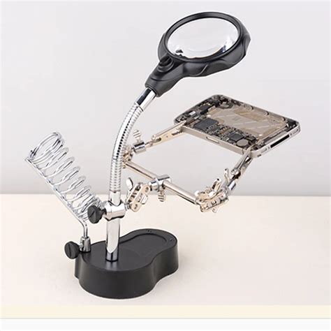 Professional 10x magnifying glass with light magnifier Helping Hand Stand Clip Welded Hold for ...