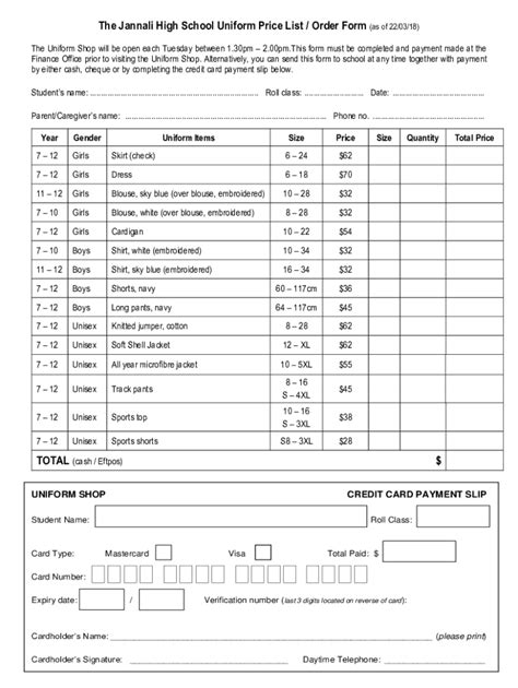 Fillable Online The Jannali High School Uniform Price List / Order Form (as of 22/03/18) Fax ...